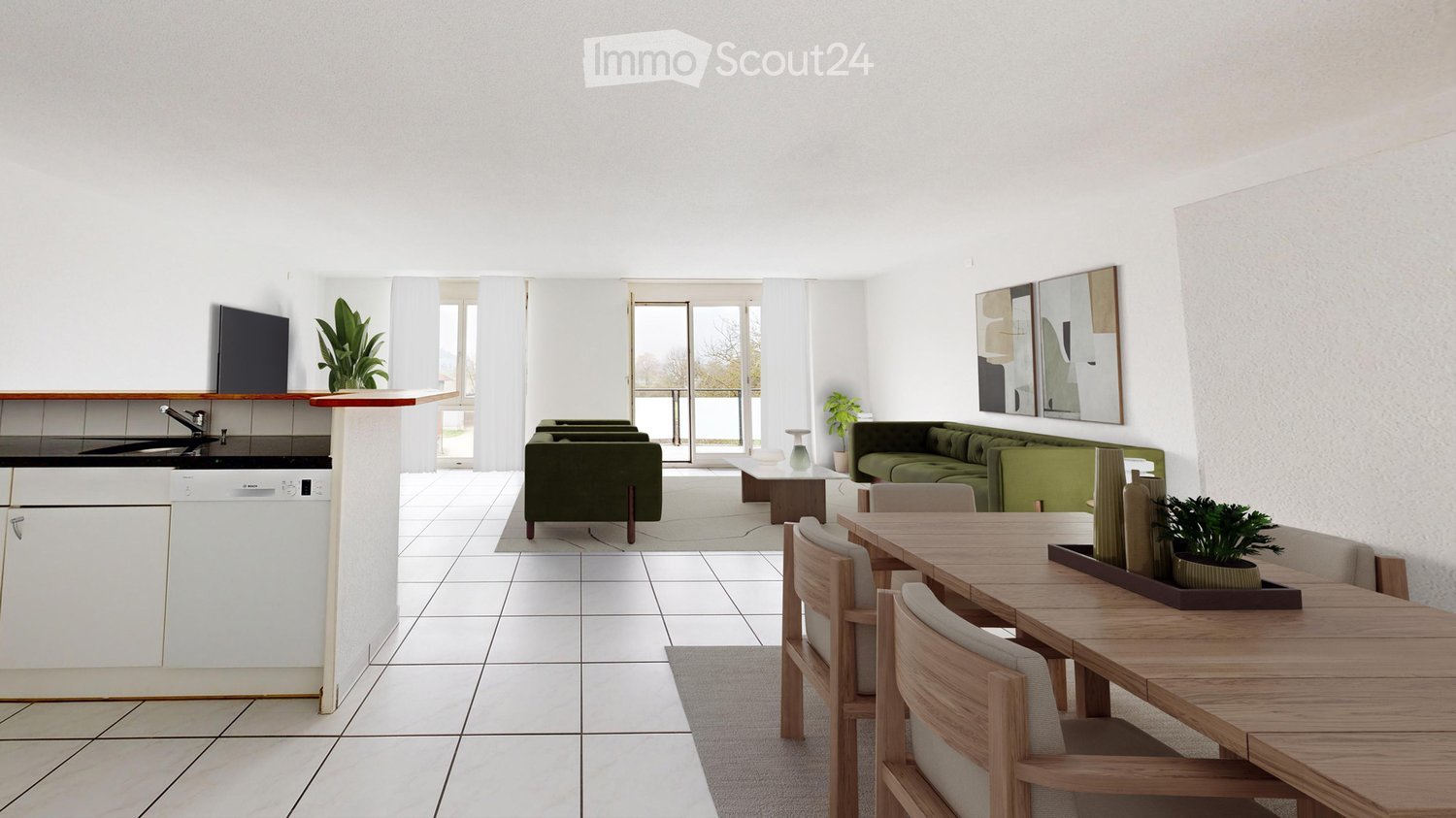 Furnished Room. Open-plan living and dining area with white walls, tiled floor, green sofa, wooden dining table, chairs, and a small kitchen area with a dishwasher and sink.