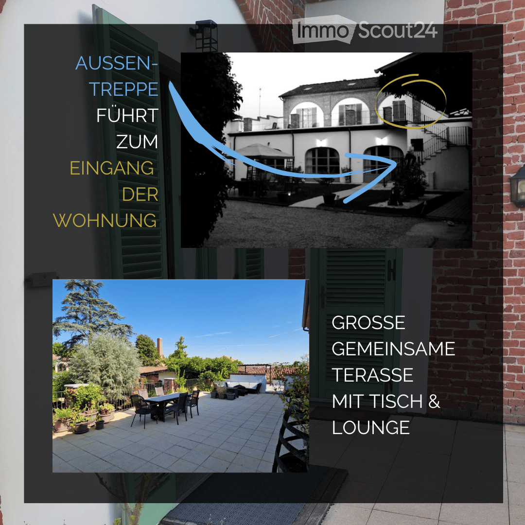 Garden / Outdoor Area. Composite image showing a house exterior, an outdoor staircase leading to the entrance, and a large shared terrace with a table and lounge seating surrounded by greenery.