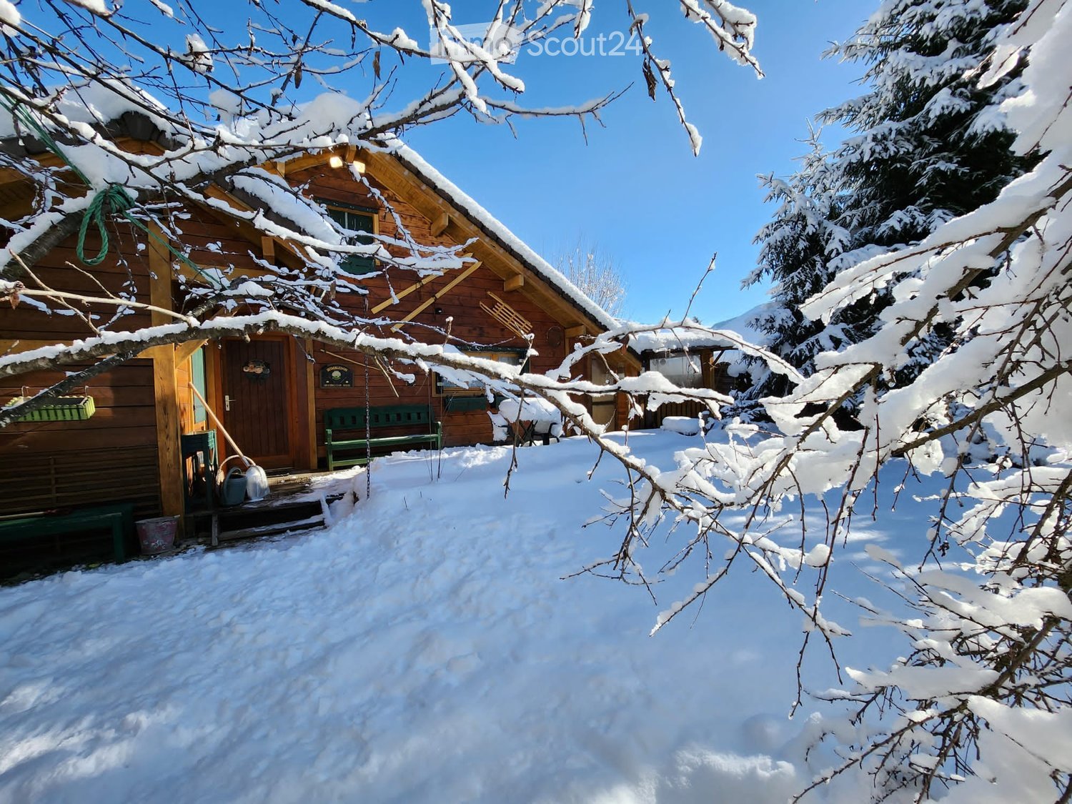A wooden cabin surrounded by snow-covered trees and a snowy yard, with a green bench and a small porch area.