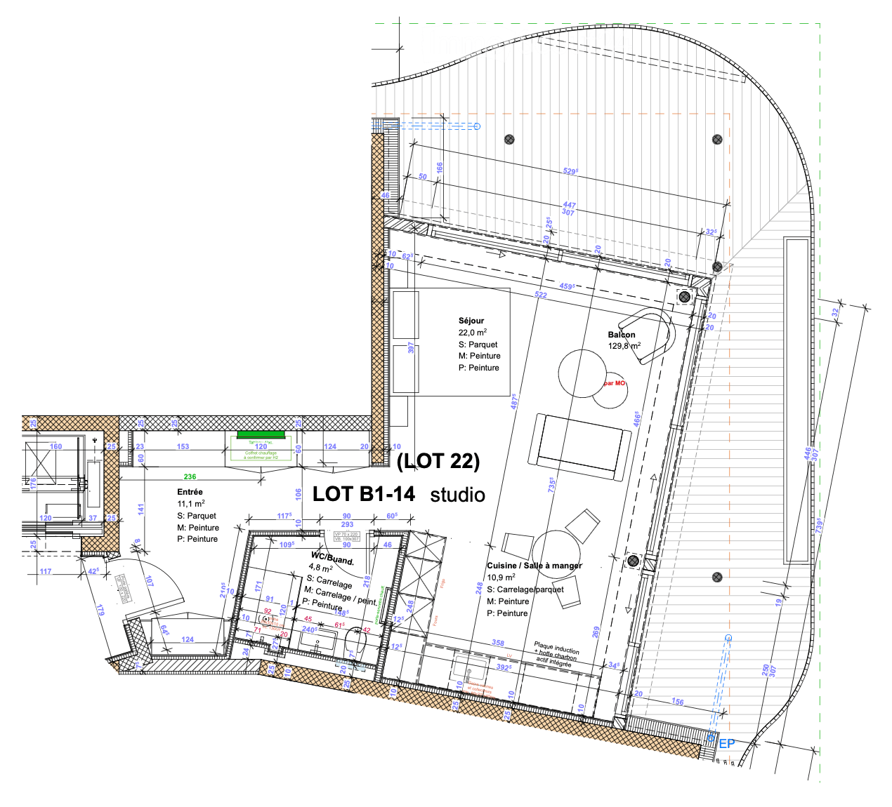 Floor plan of a studio apartment labeled LOT B1-14, featuring a living area, kitchen/dining area, bathroom, entrance, and balcony.