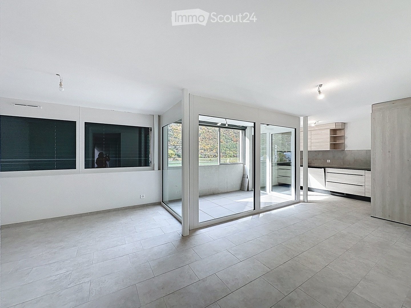 large open space, sliding glass doors, balcony, large windows, wooden cabinet