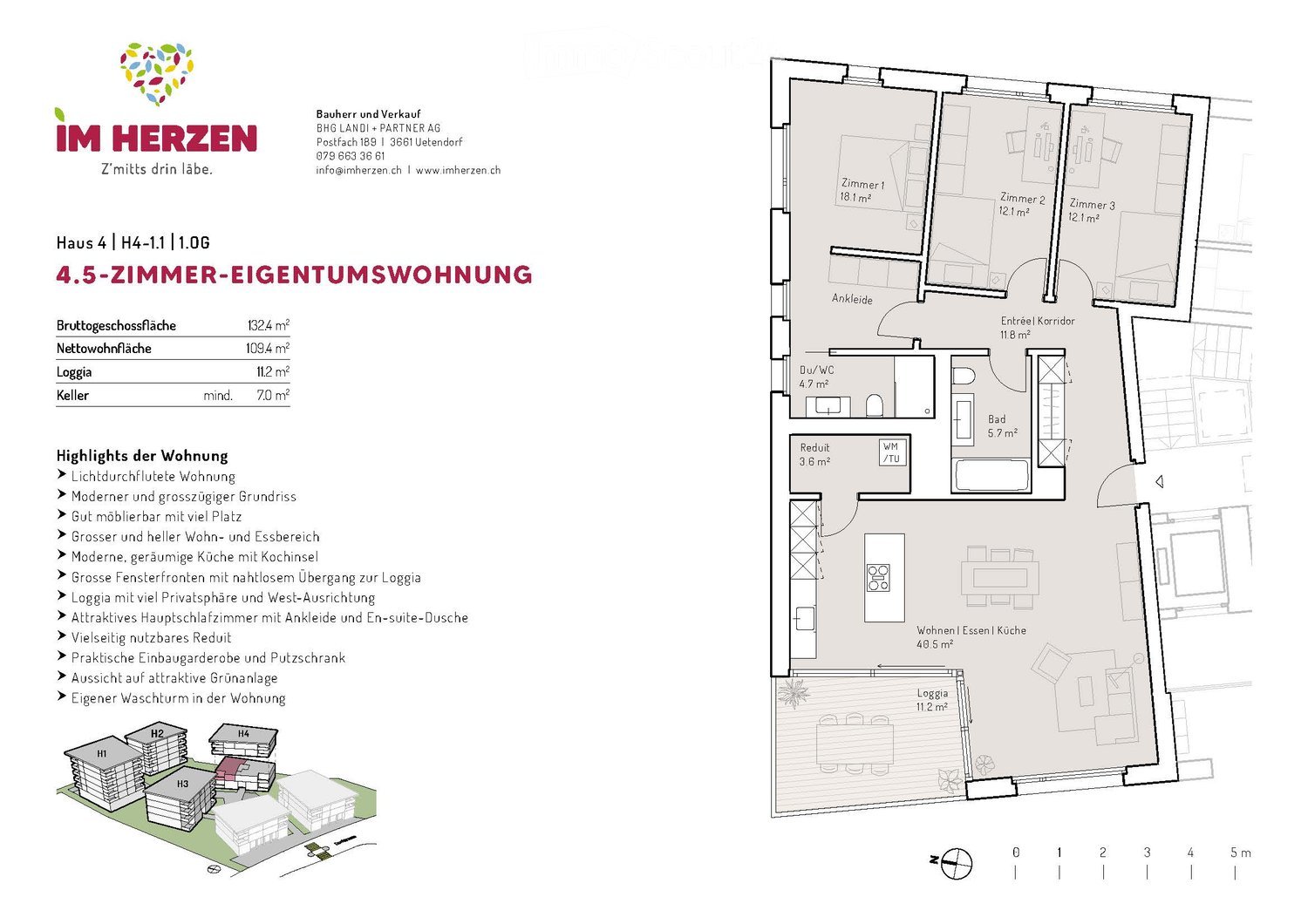Floor plan of a 4.5-room apartment with132.4 m² gross floor area, 109.4 m² net living area, and a 11.2 m² loggia. Includes three bedrooms, a bathroom, a kitchen, a living/dining area, a hallway, a closet, and a laundry/utility room.