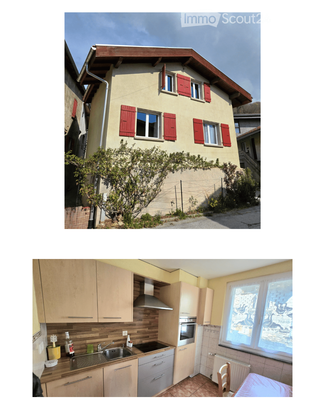 Two-story house with beige walls, red shutters, and a wooden roof. The lower image shows a modern kitchen with light wood cabinets, stainless steel appliances, and a sink.
