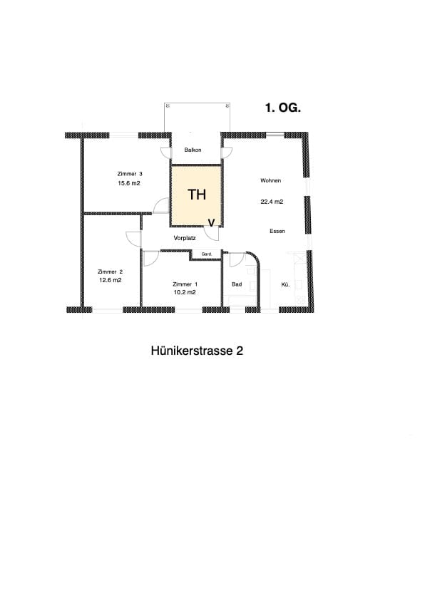 Floor plan of a 1st floor apartment with a living room, dining area, three bedrooms, bathroom, hallway, and balcony.