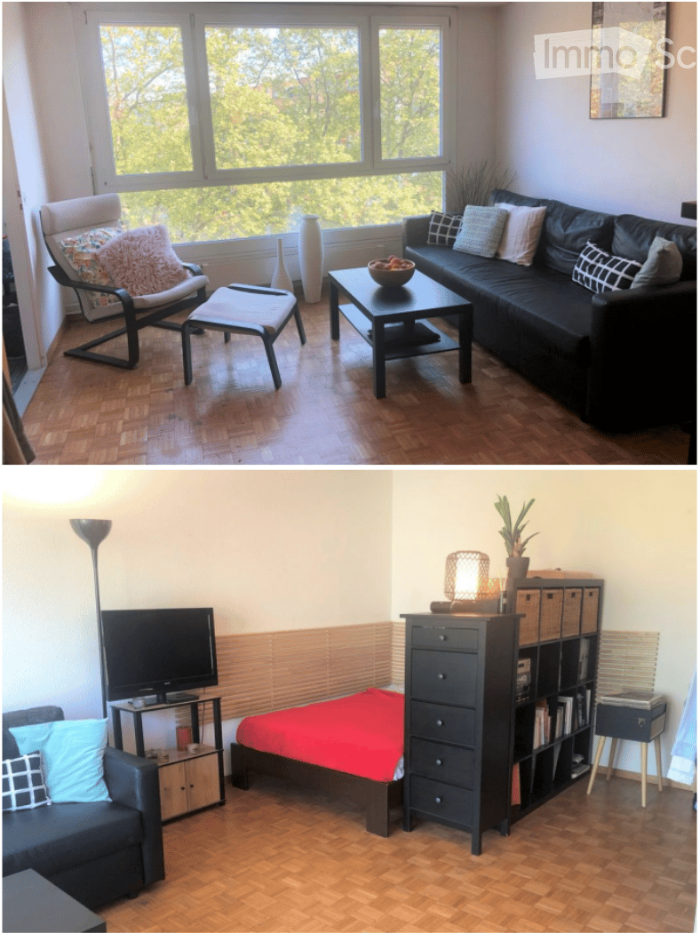 Two images show a modern living room and a bedroom. The living room features a black sectional sofa, a coffee table, a chair with a fur throw, and a large window with a scenic view. The bedroom includes a small bed with a red cover, a nightstand, a booksh