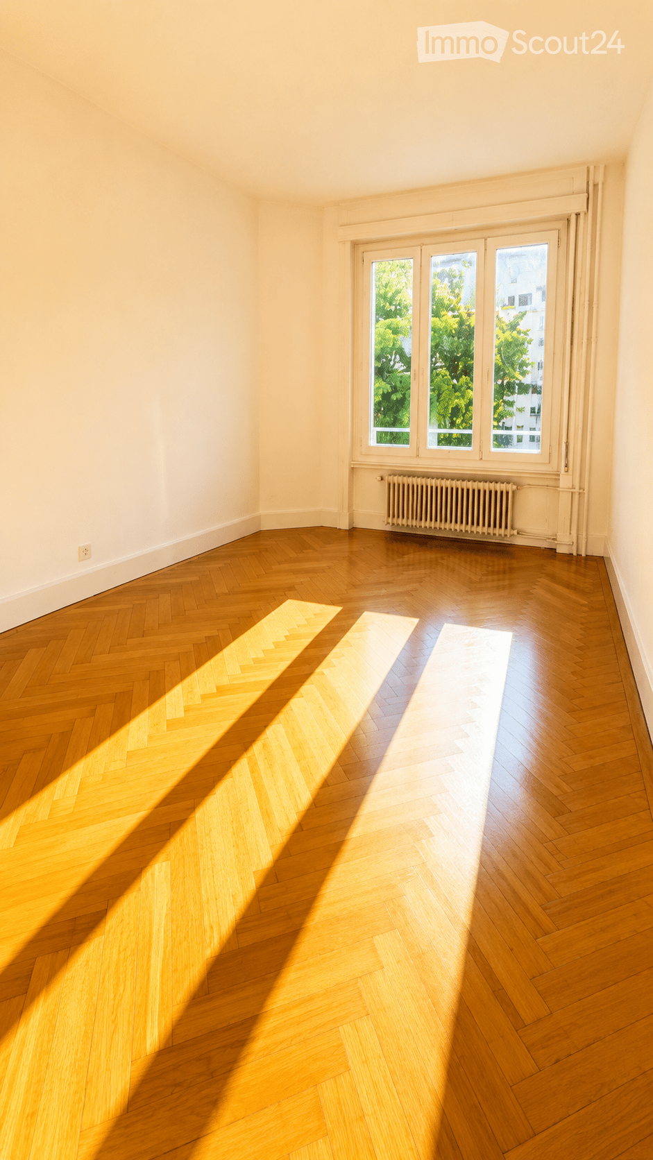 Empty room with wooden herringbone flooring, large windows, and a radiator. No furniture or equipment present.