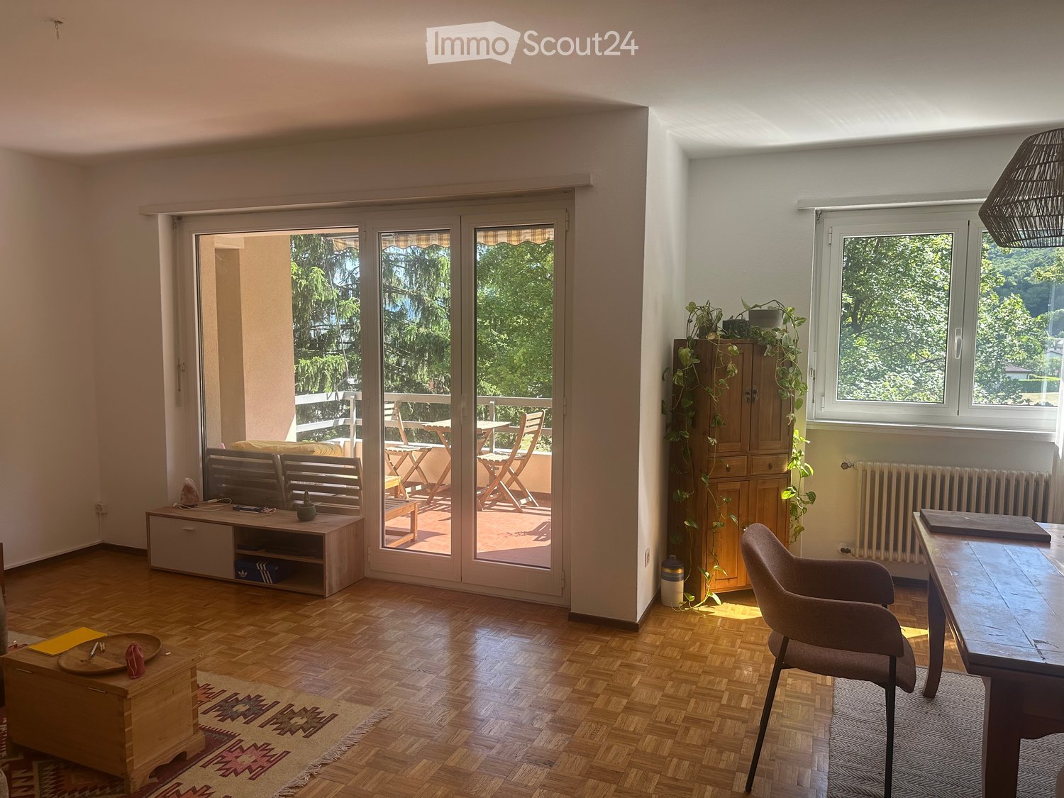 Bright living room with wooden flooring, large sliding glass doors leading to a balcony, a table with chairs, a cabinet with plants, and a TV stand.