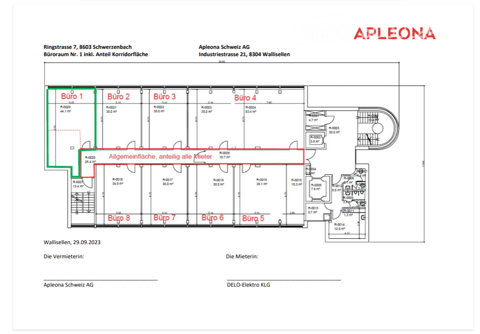 Office floor plan showing eight individual offices (Büro 1 to Büro 8), a shared common area, and a small storage room.
