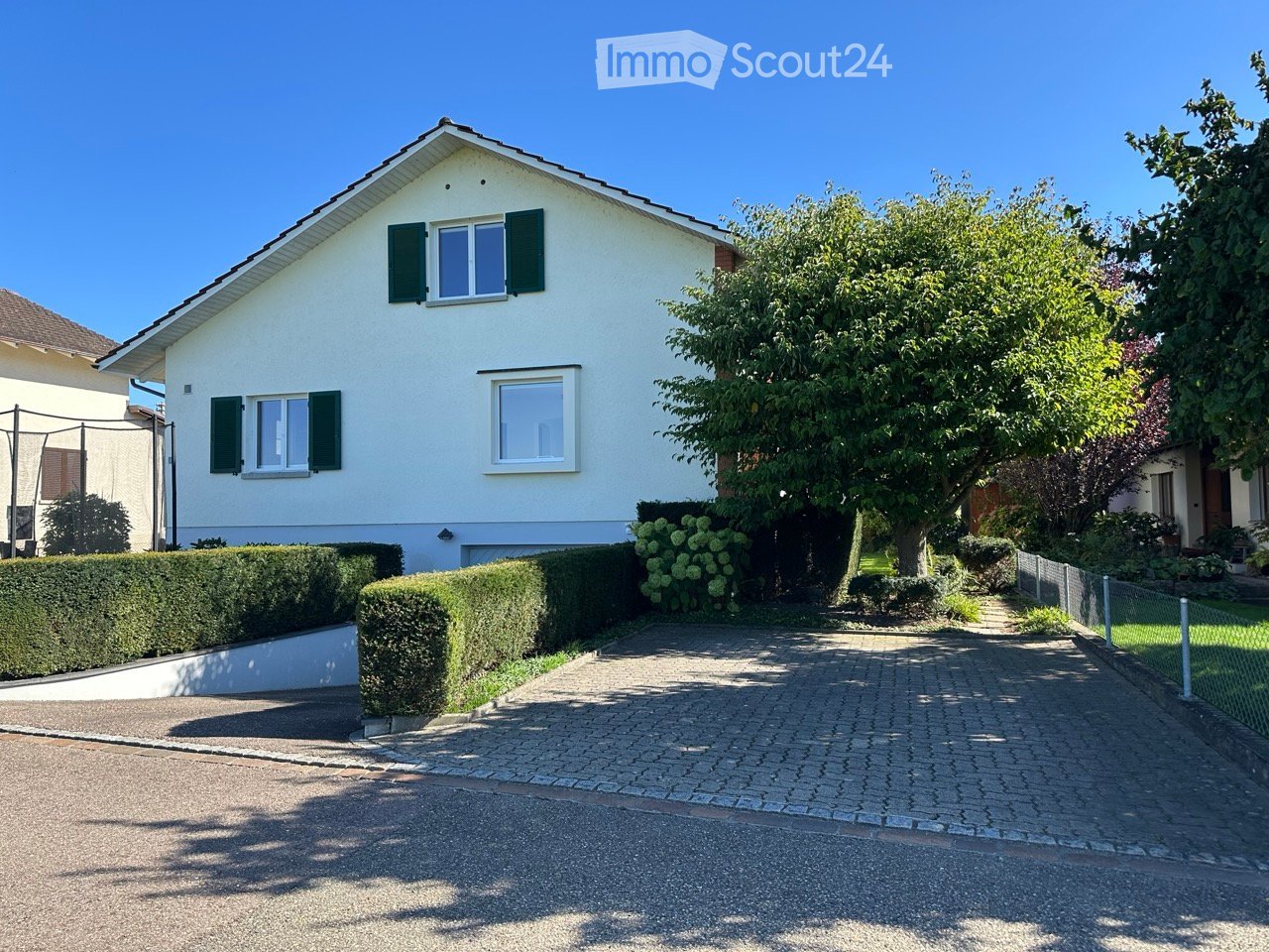 Detached house, white exterior, green window shutters, brick driveway, green hedges, central tree