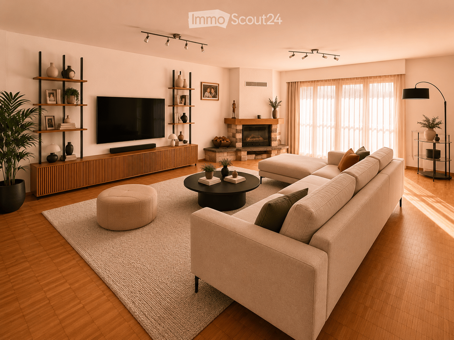 Modern living room with a fireplace, large windows, beige sofa, coffee table, ottoman, floor lamp, TV, shelves with decorative items, and plants.