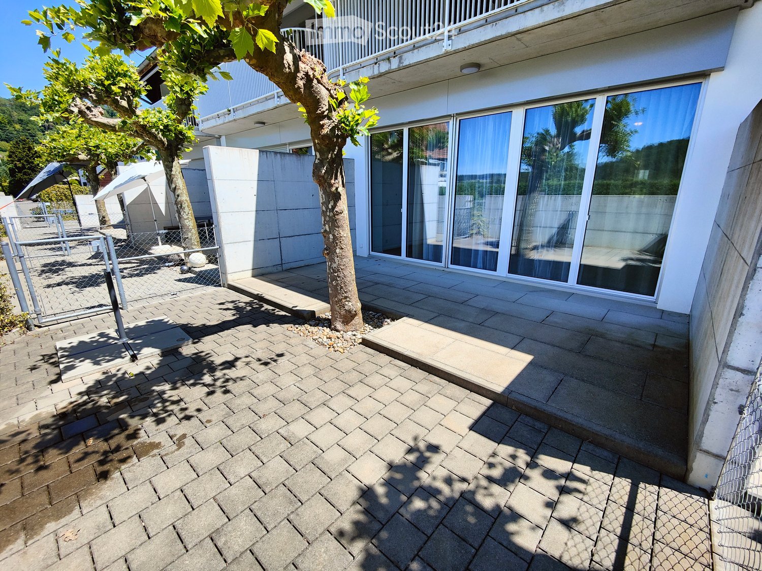 Brick-paved outdoor area with a tree, a small fence, and a modern building with large windows and a balcony in the background.