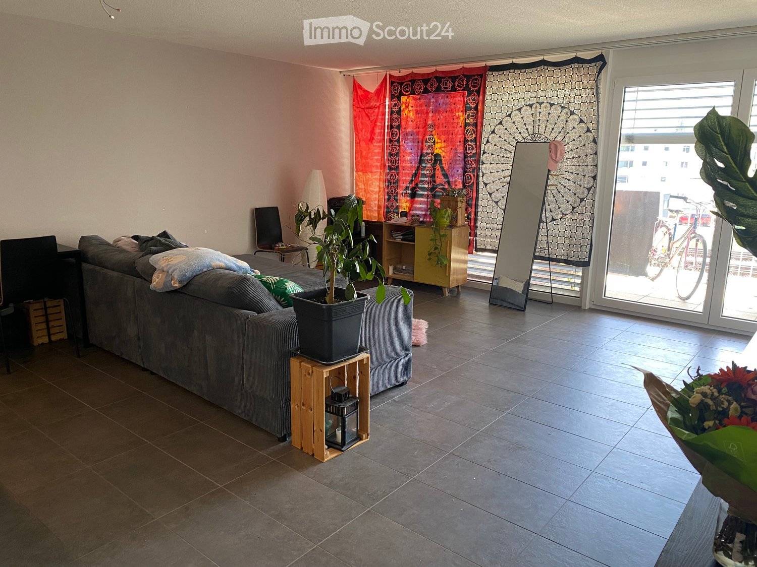 A modern living room with a grey sofa, wooden side table, potted plant, mirror, and decorative items.