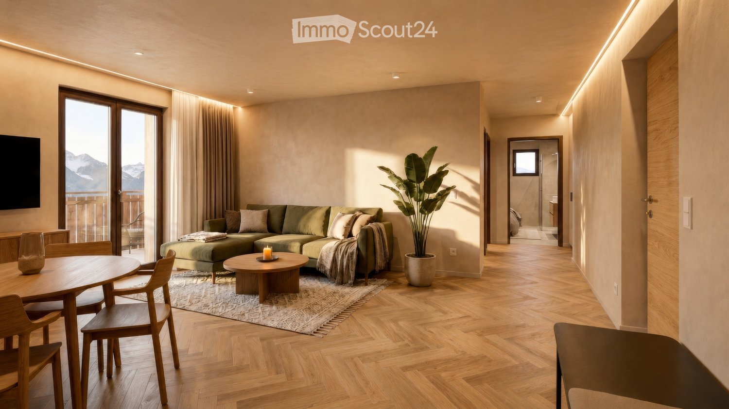 Modern living room with a green sectional sofa, wooden coffee table, dining table with chairs, large windows with a view, and a potted plant.