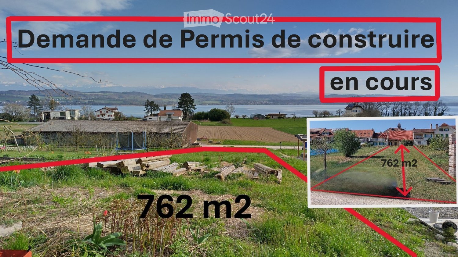A rural garden area with grass, scattered logs, a small table, and a view of a lake and mountains in the background. The area is marked as 762 m² and shows construction plans in progress.