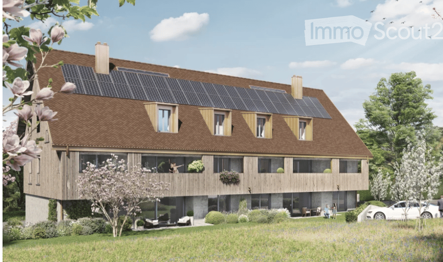 Modern two-story house with solar panels on the roof, large windows, and a spacious front yard with trees and outdoor seating.