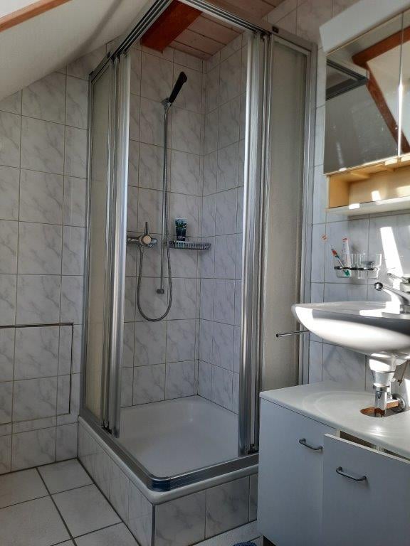 Modern bathroom with a glass-enclosed shower, white tiled walls, a white sink with a cabinet, and a mirror above it. The shower includes a handheld showerhead and a built-in shelf.