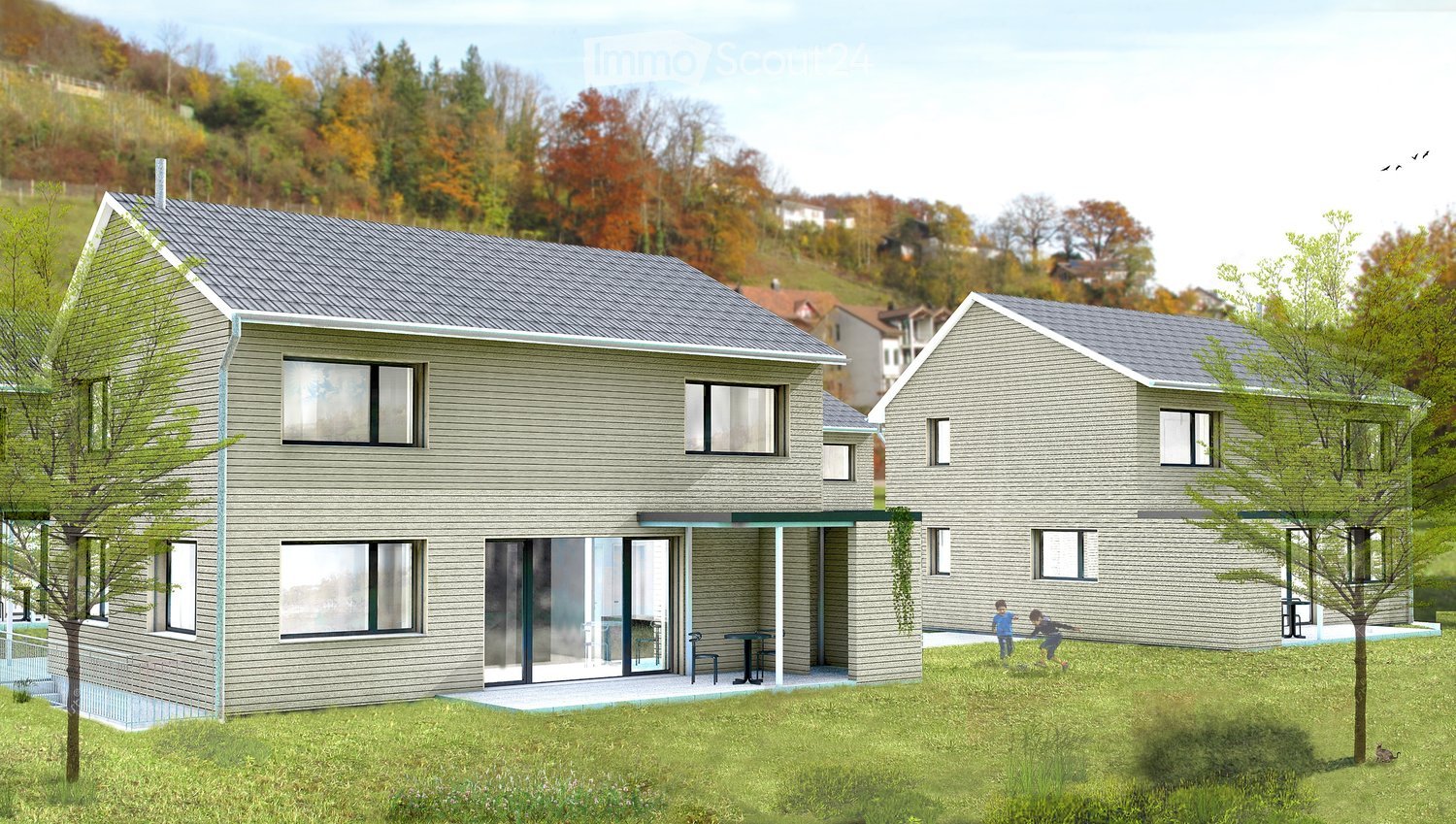 2 story house, gray exterior, solar panels on the roof, large windows, terrace, garden