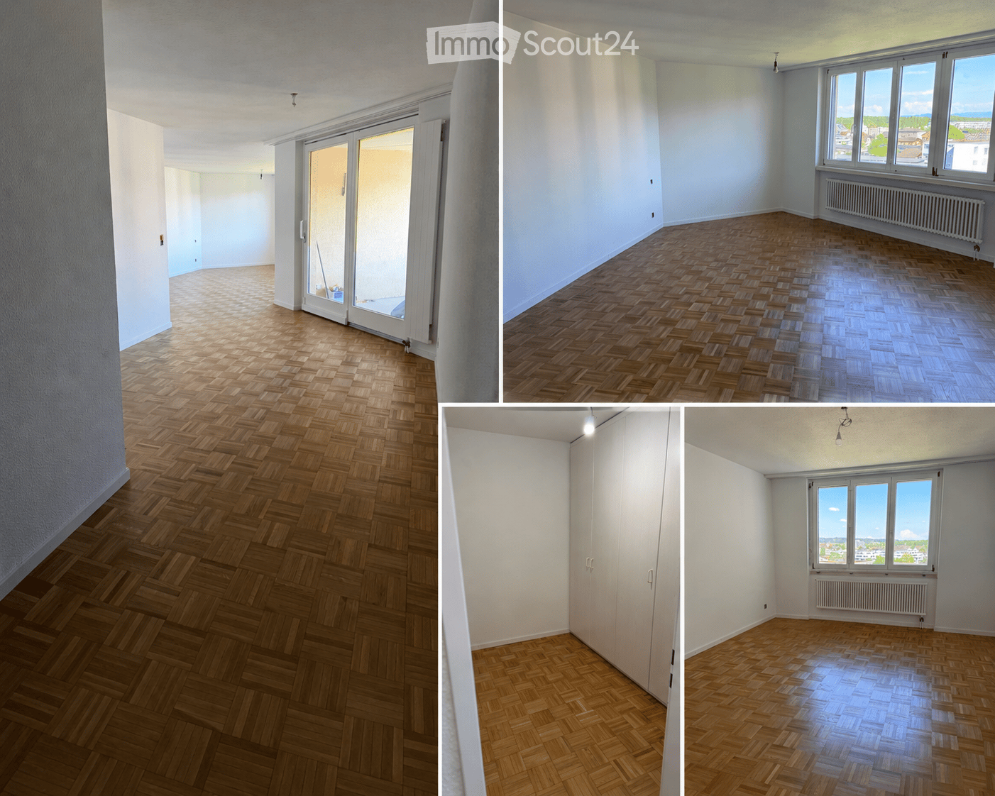 Empty room with wooden herringbone flooring, white walls, large windows, and a sliding glass door leading to a balcony.