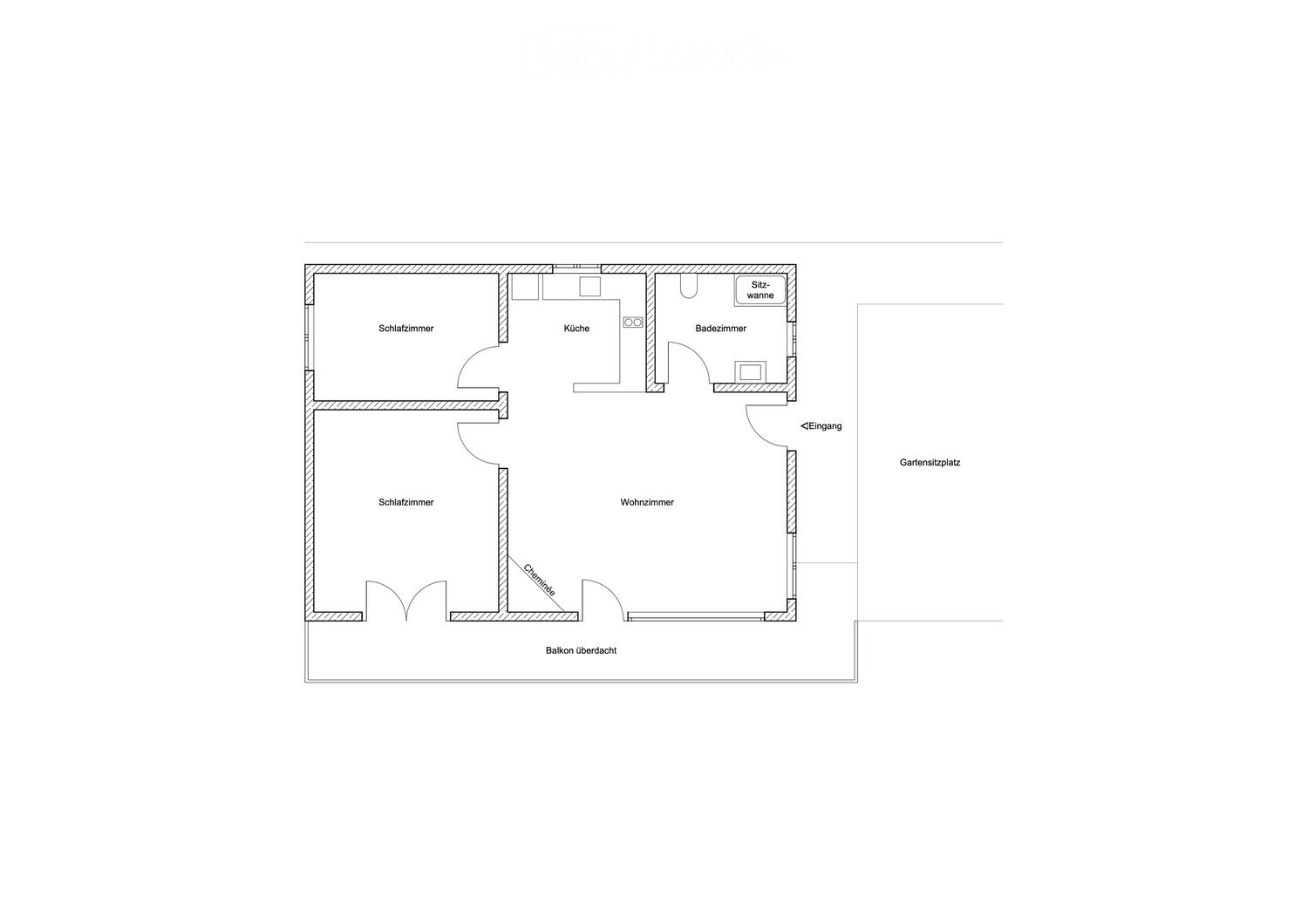 Floor plan of a 2-bedroom apartment with a living room, kitchen, bathroom, and balcony.