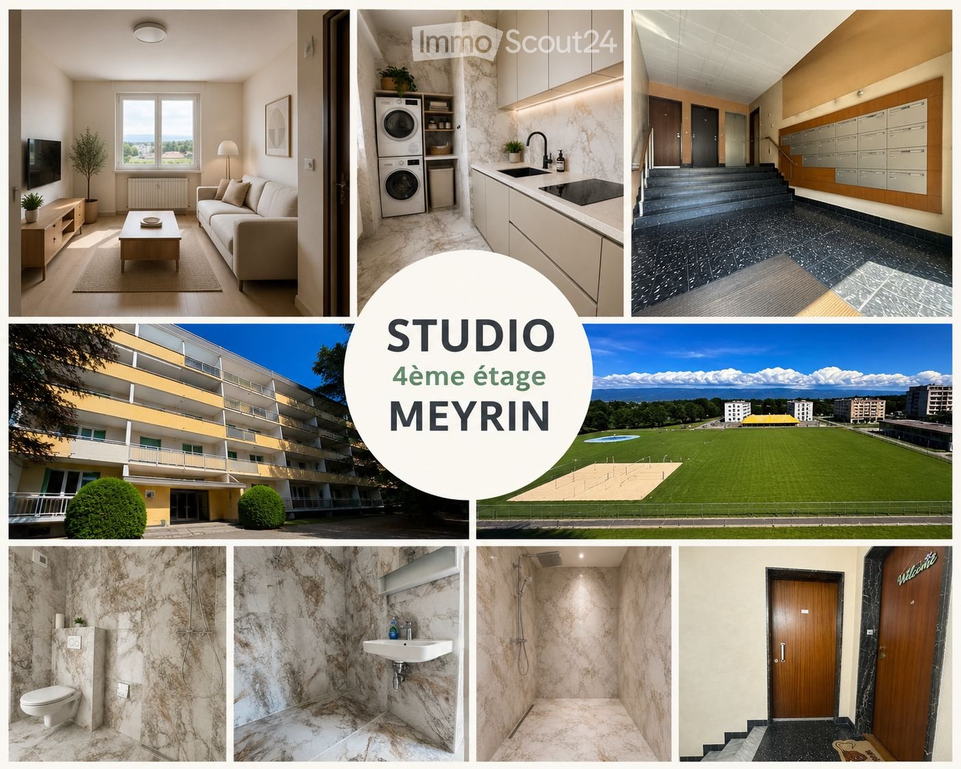 A collage of images showcasing a studio apartment on the 4th floor in Meyrin, featuring a living room with a sofa, coffee table, TV, and a washing machine, a modern kitchen with a sink and faucet, a bathroom with a toilet and shower, and an exterior view