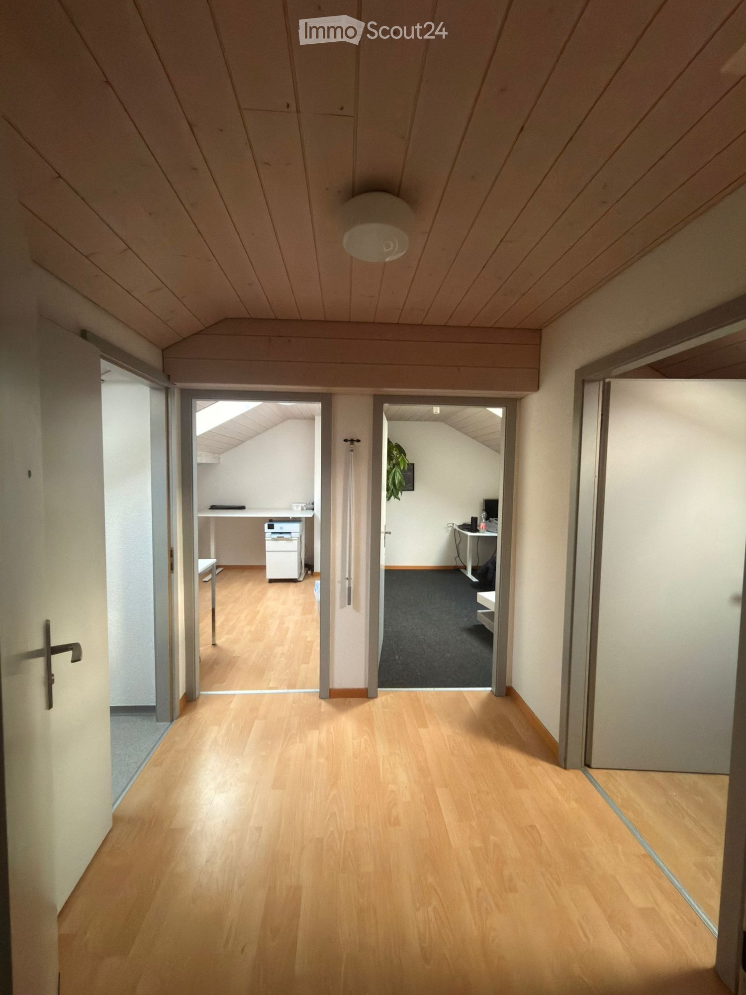 Bright hallway with wooden flooring, white walls, and multiple doors leading to adjacent rooms. The ceiling features a modern design with recessed lighting.