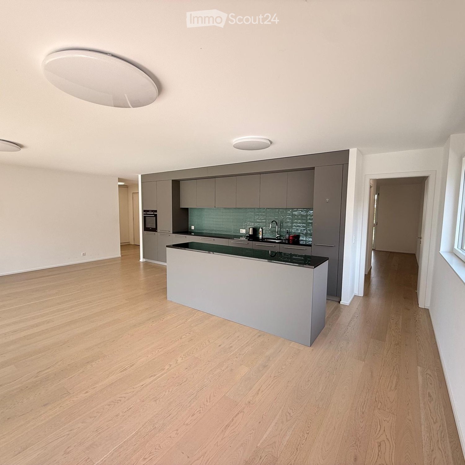 Open kitchen with island, modern cabinets, wooden floor, white walls, ceiling lights, large windows