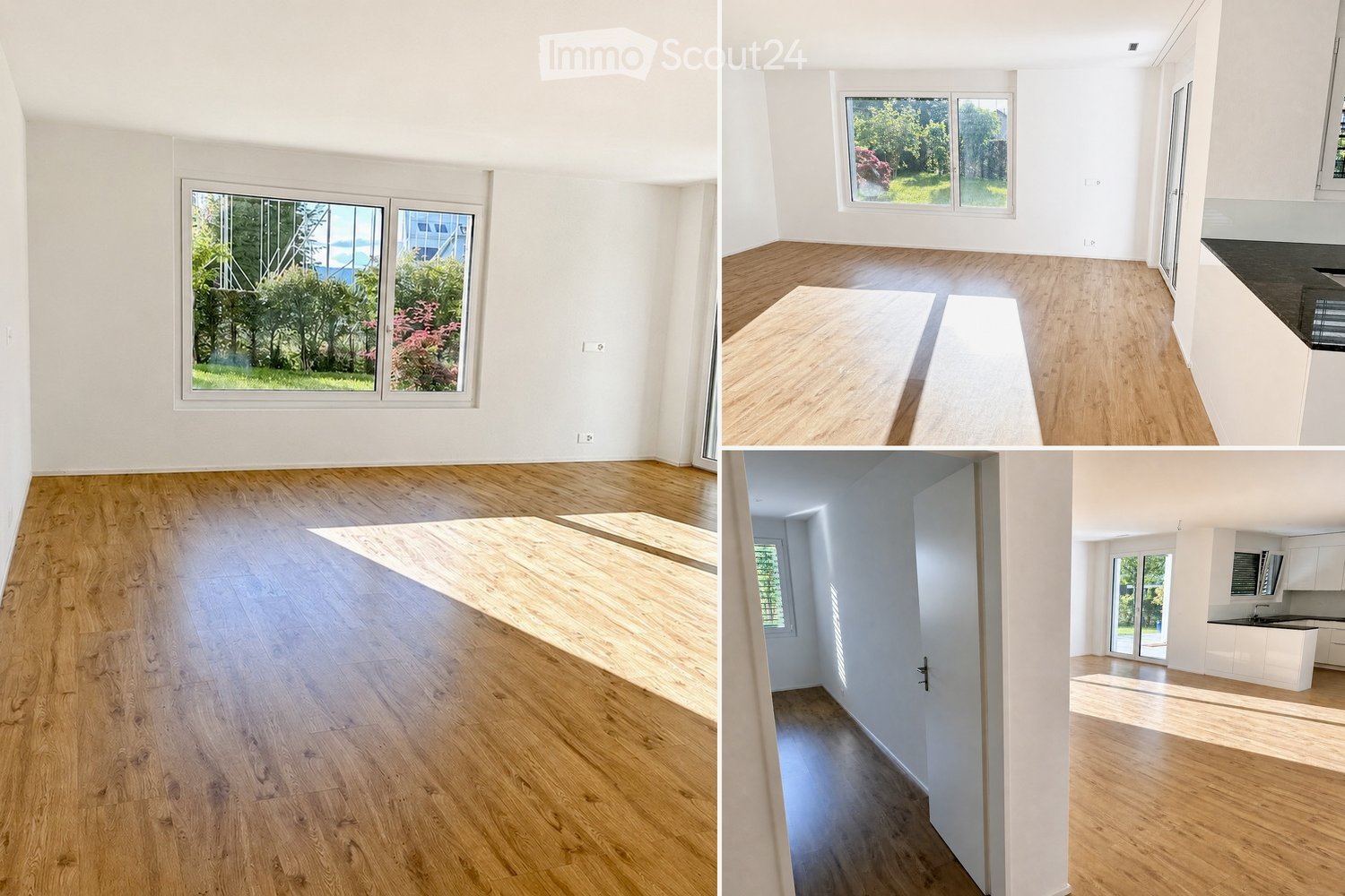 Four images showing an unfurnished room with light wooden flooring, large windows, and white walls. The room is empty with no furniture or decorations.