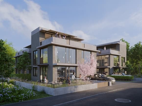 Modern multi-story residential building with large glass windows, balconies, and a parking area.