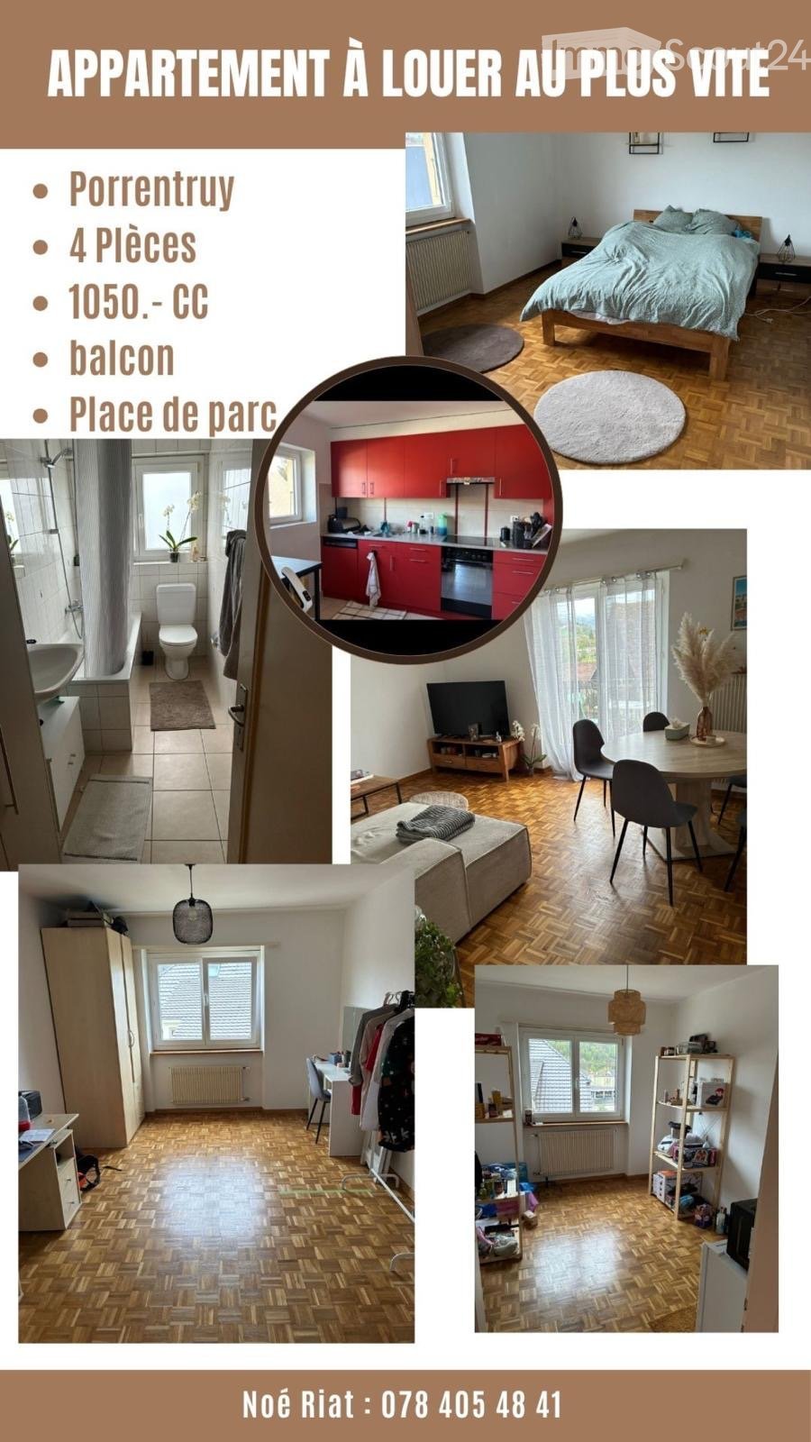 A collage of images showcasing a furnished apartment with a living room, bedroom, kitchen, and bathroom. The living room features a sofa, coffee table, and dining area with chairs. The bedroom has a bed and nightstand. The kitchen includes red cabinets, a