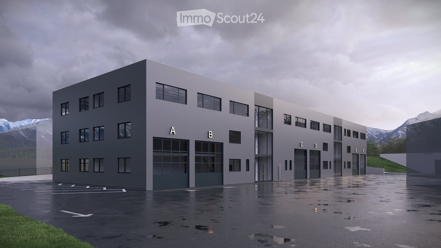 modern building, grey exterior, multiple windows, labeled sections A, B, C, D, E, F, large parking area