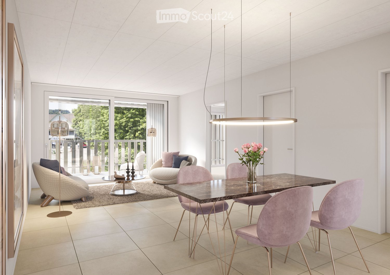 Modern living and dining area with white walls, large windows, a sofa, chairs, a dining table, and a hanging light fixture.