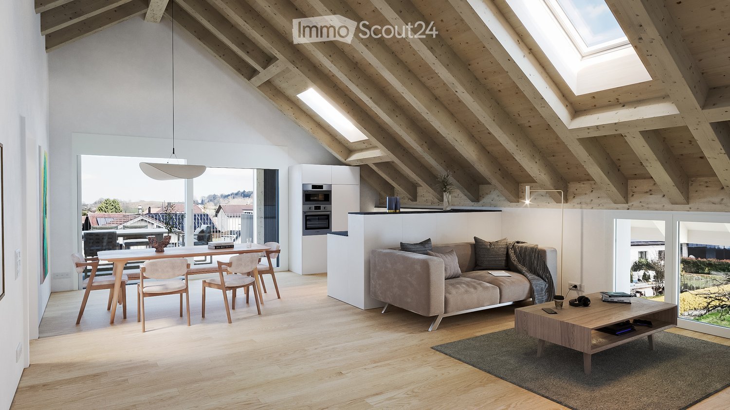 Open-plan living and dining area with exposed wooden beams, large windows, a sofa, coffee table, dining table with chairs, and a modern kitchen area with an oven.