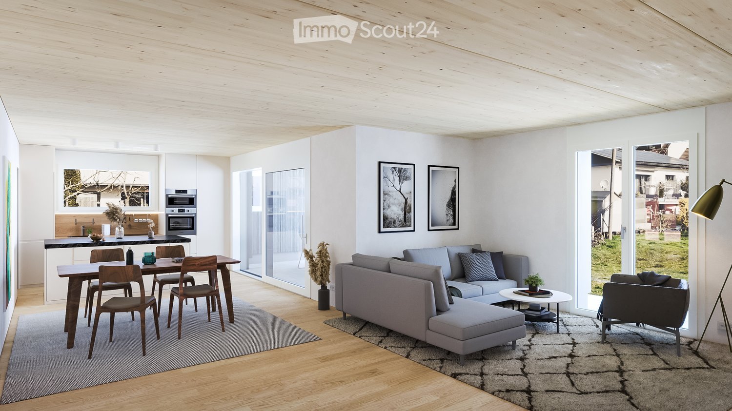 Furnished Room. Modern living room with a grey sectional sofa, coffee table, dining table with chairs, kitchen area with oven and fridge, and large windows with a view of the garden.