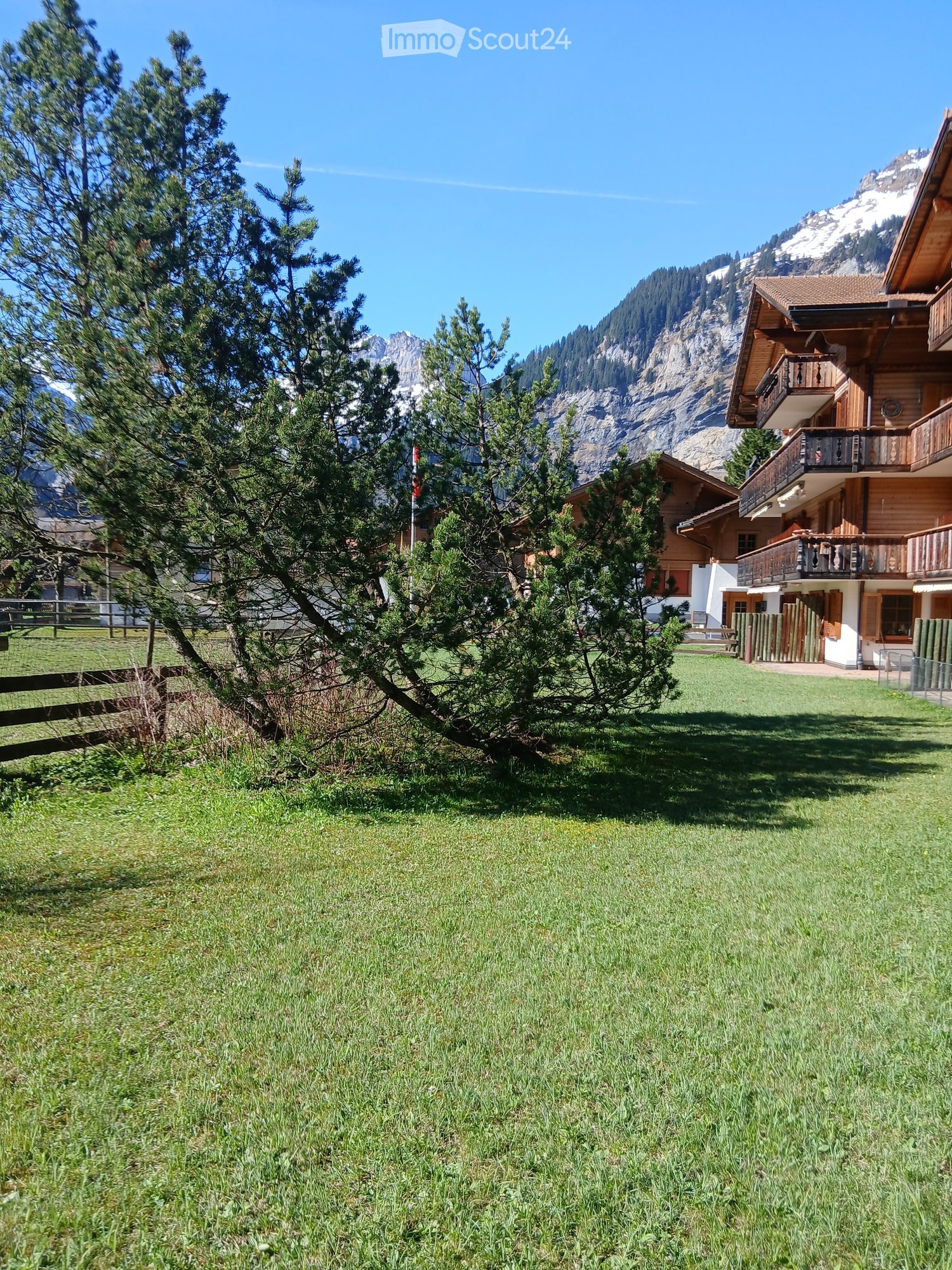 A grassy lawn with a wooden fence, a small tree, and a wooden house with balconies and a view of snow-capped mountains in the background.