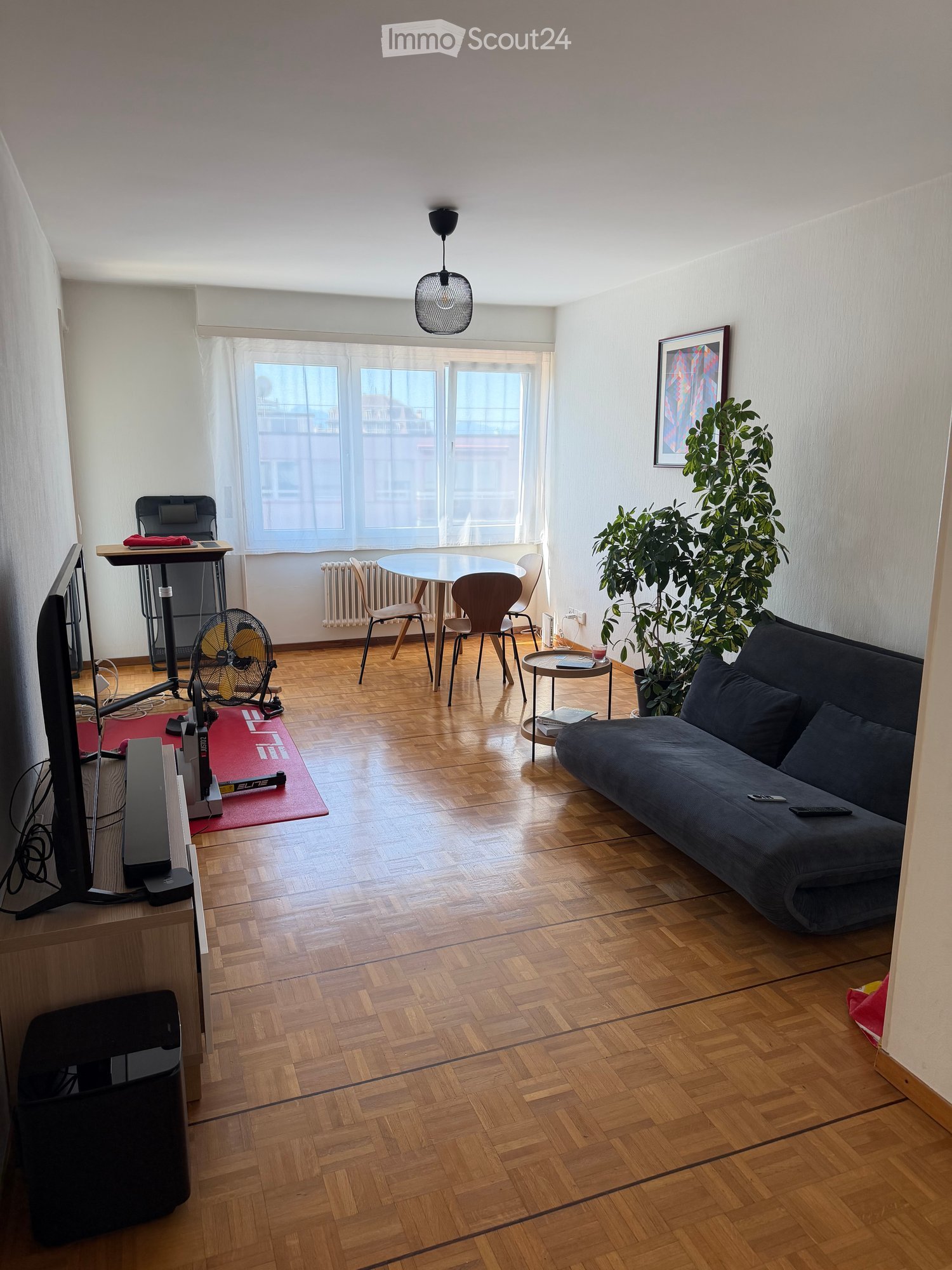 A modern living room with wooden flooring, a dark grey sofa, a small round table with chairs, a fan, a TV screen, and a large plant near the window.