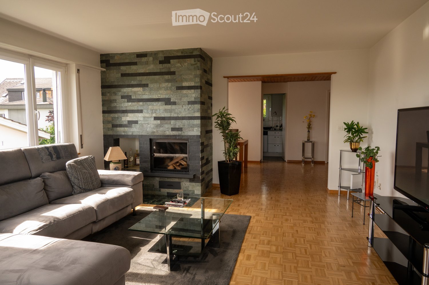 Modern living room with a grey sectional sofa, glass coffee table, fireplace, table lamp, potted plants, and a television on a stand.