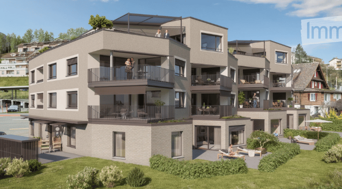 Apartment building, balcony, garden, people relaxing, green grass, trees