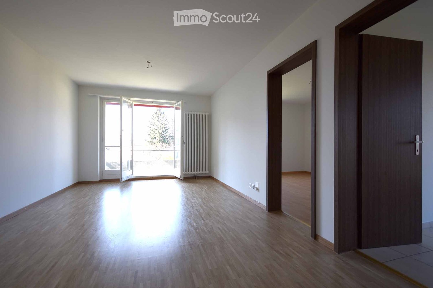 Empty room with wooden flooring, white walls, and large sliding glass doors leading to a balcony or outdoor area. The room has a radiator and a closed wooden door on the right side.