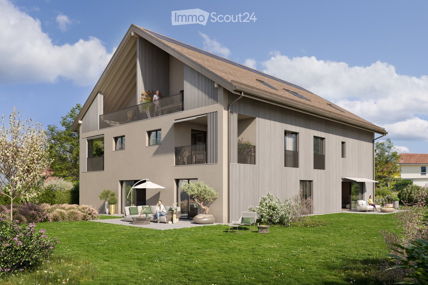 2 story house, gray exterior, solar panels on roof, multiple balconies, garden, patio