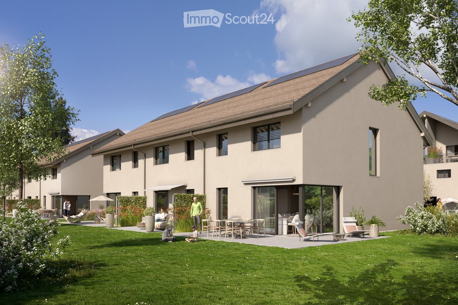 Modern house with solar panels, large windows, terrace, garden, and a swimming pool
