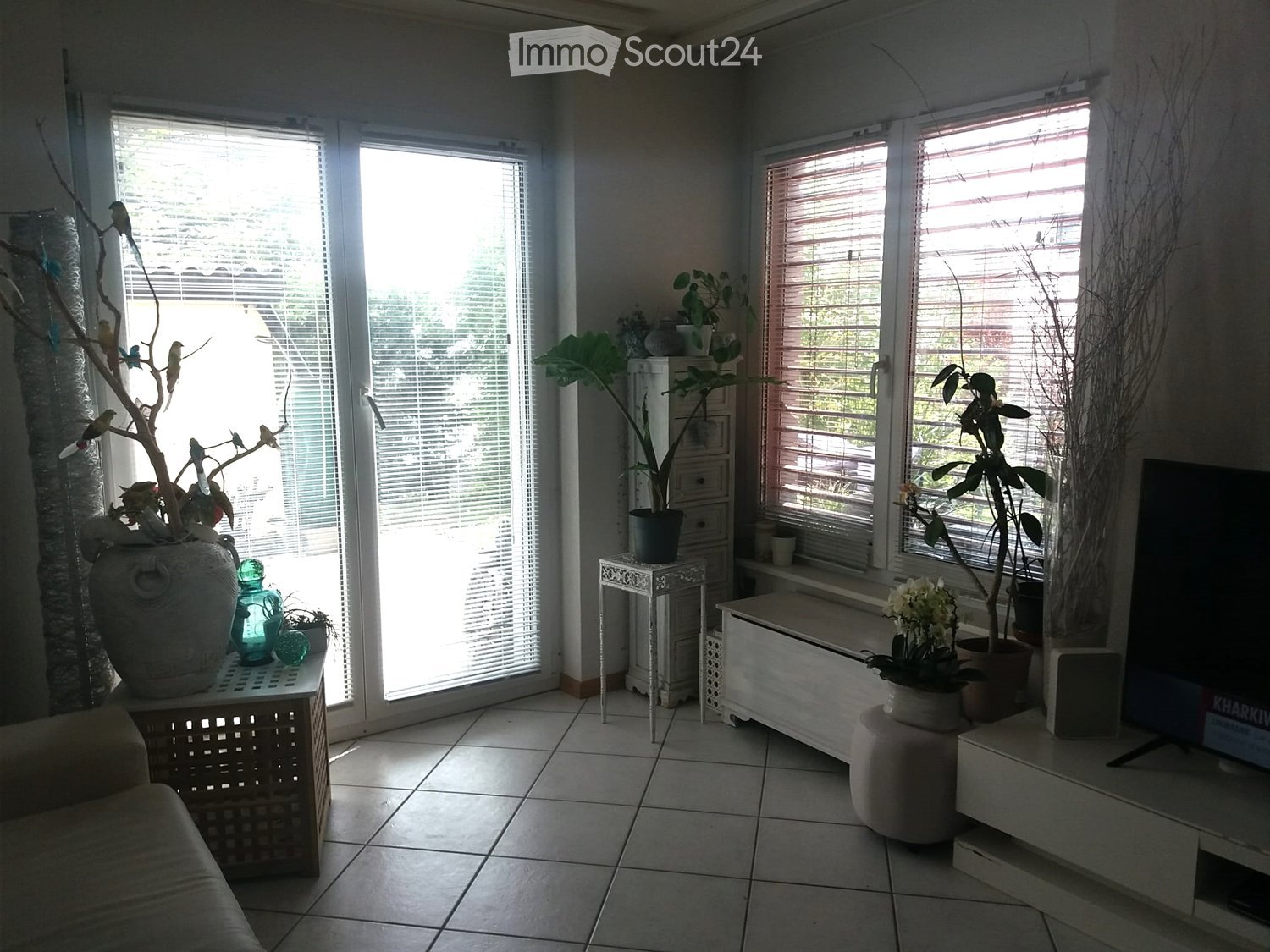 Bright living room with large windows, tiled floor, sofa, small table with vase and decorative items, potted plants, and television on a stand.