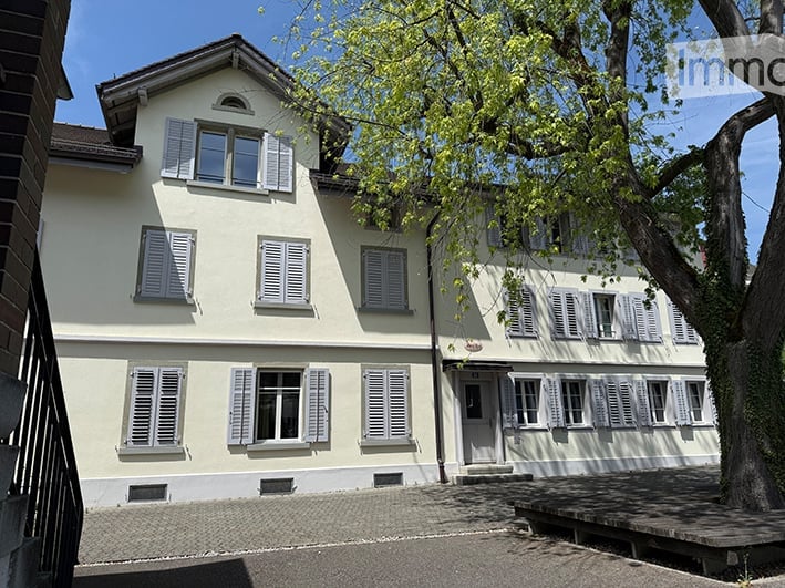 A two-story house with light yellow walls, white shutters, and multiple windows. The house has a sloped roof and is surrounded by greenery, including a tree and a small wooden platform.