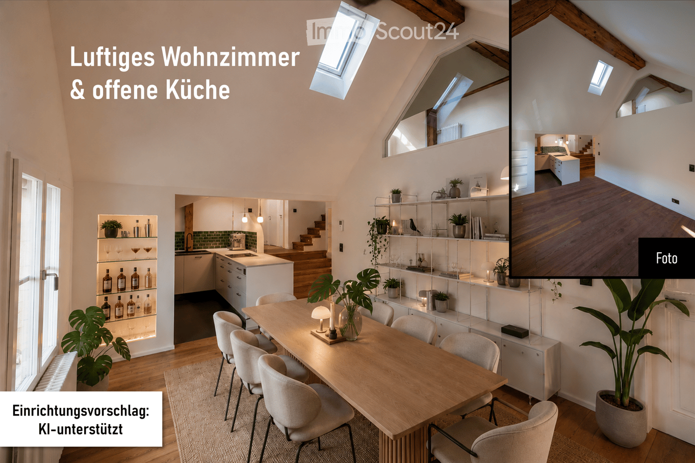 Open-plan living and dining area with a wooden dining table, chairs, shelves with wine glasses and bottles, kitchen area with cabinets and sink, and decorative plants.