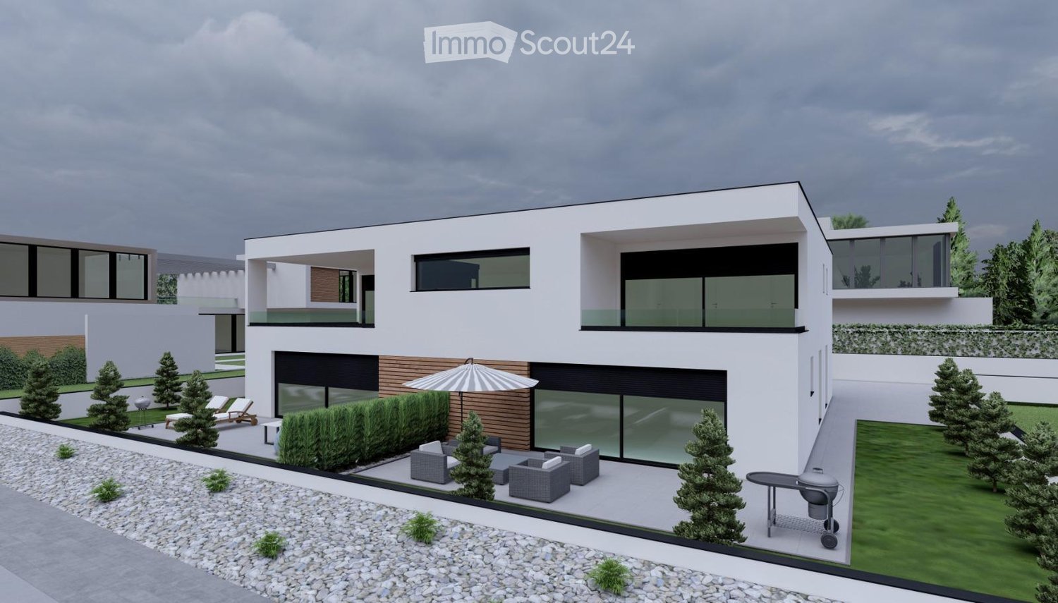 House. Modern two-story house with white exterior, large windows, and a spacious patio area with outdoor furniture and a grill.