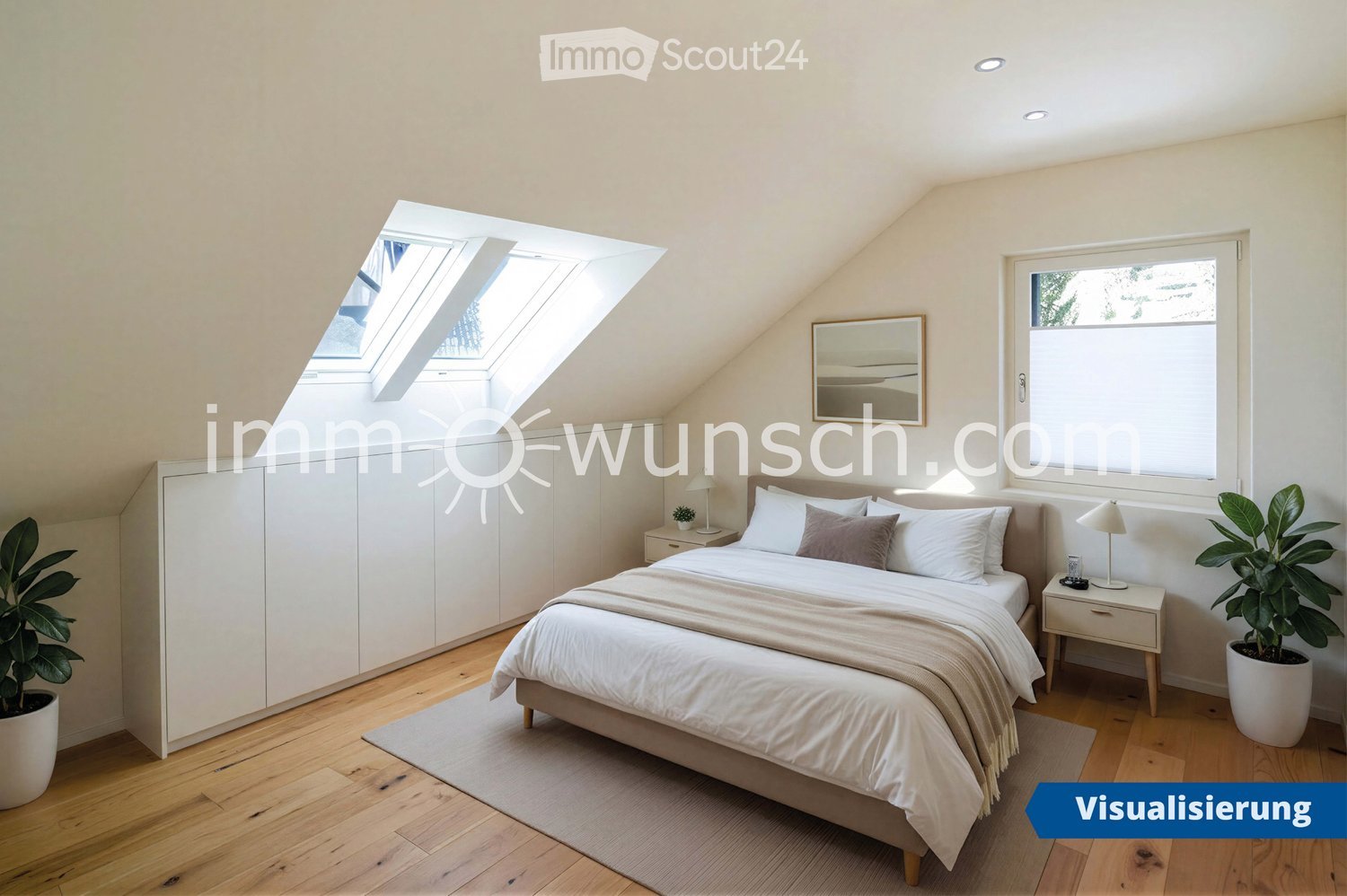Bright, modern bedroom with wooden flooring, large windows, and skylights. Features a neatly made bed with pillows and blankets, a nightstand with a lamp, a mirror on the wall, and a potted plant in the corner.
