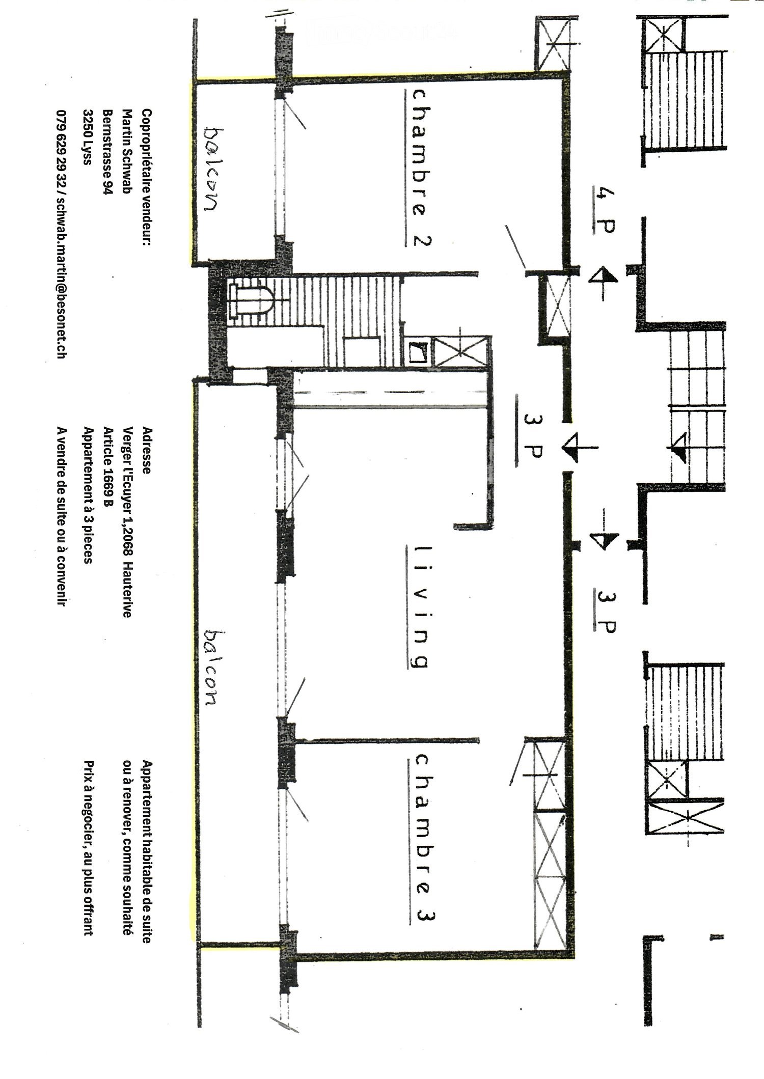 Floor plan showing a three-bedroom apartment layout with living room, dining room, and two bedrooms.