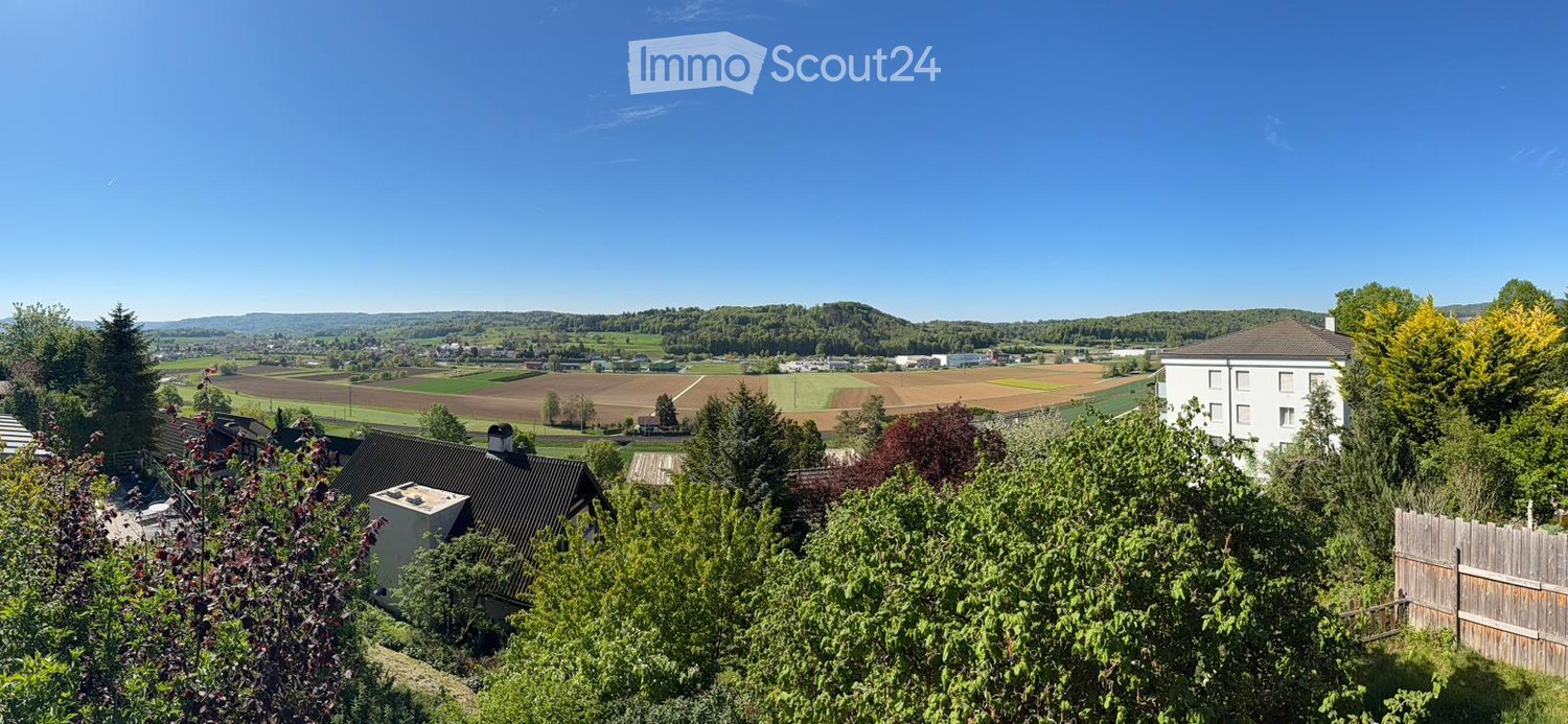 A panoramic view of a rural landscape with fields, trees, and houses under a clear blue sky.