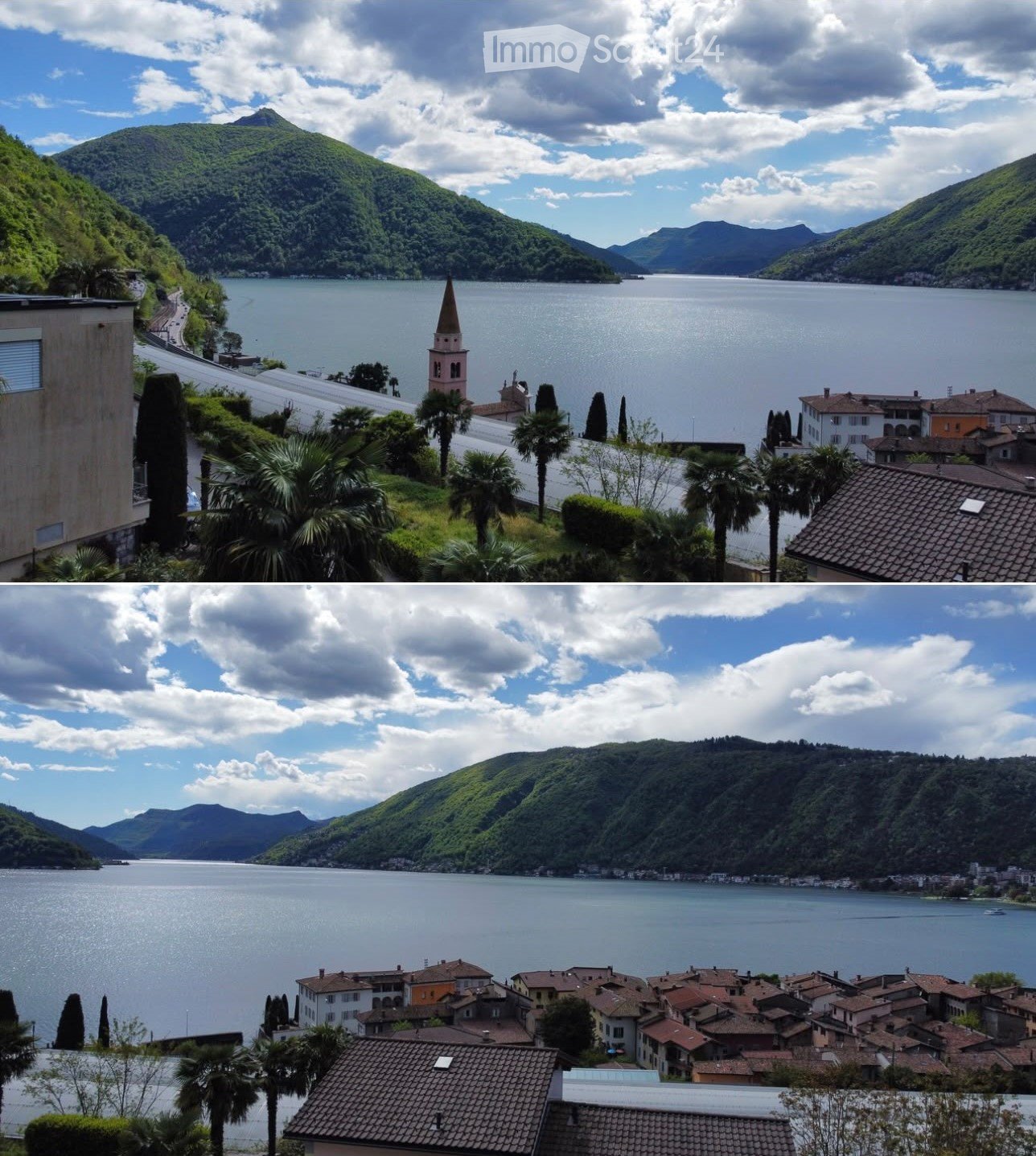 Panoramic view of a lake surrounded by green hills and mountains, with a town featuring tiled roofs and a church tower visible in the distance.