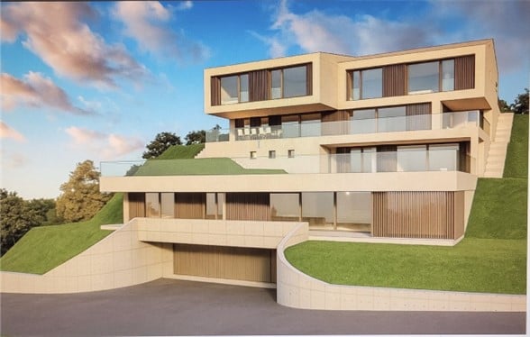 Modern two-story house with large windows, balconies, and a raised ground floor. Features a garage and landscaped green roof.