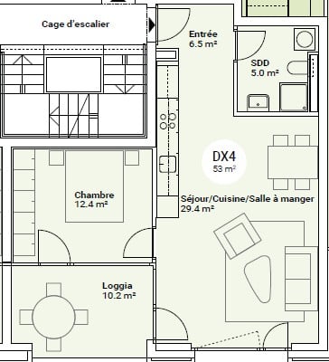 Floor plan of a residential space featuring an entrance, living/dining area, kitchen, bedroom, shower room, and loggia.